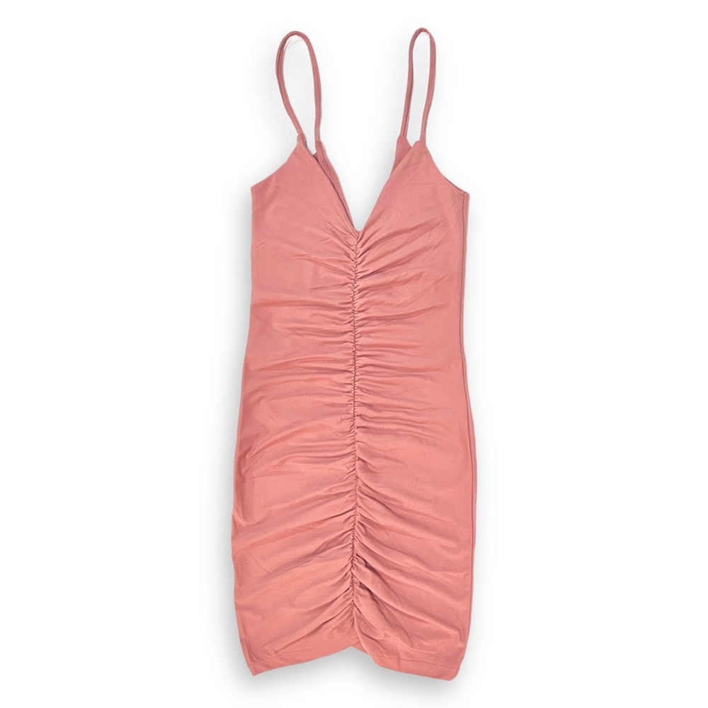 NWT pink stretch jersey mini dress with ruching and spaghetti straps (small)